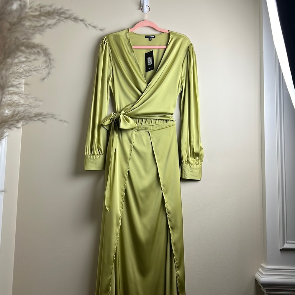 Green satin double split long dress